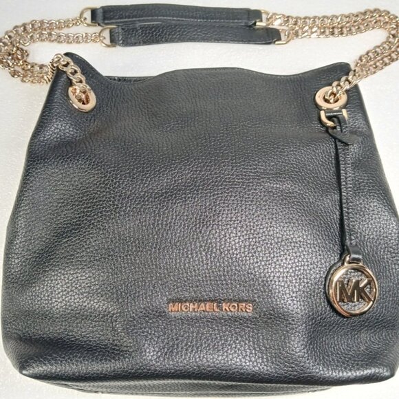 Michael Kors Jet Set Medium Shoulder Bag Black Pebbled Leather Gold Chain EUC - Picture 1 of 16